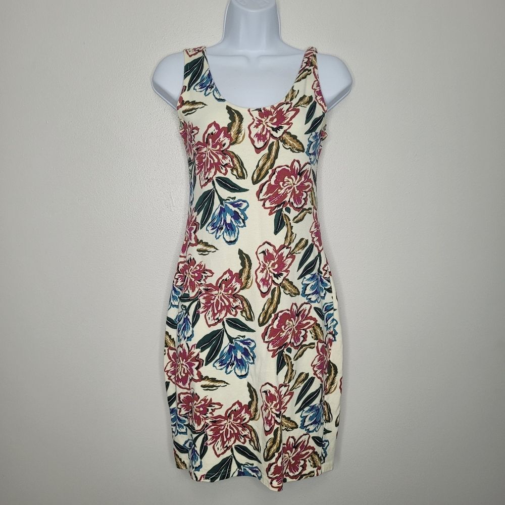 Vintage 80s 90s cream red blue floral form fitting mini party dress size small